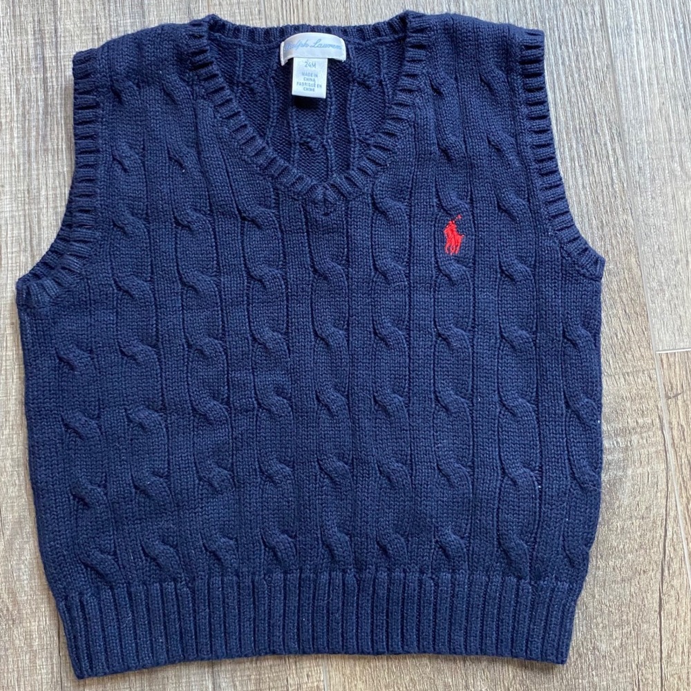 Ralph Lauren Kids Navy Blue Cable Knit Cotton Sweater Vest 24M V-Neck Pony Logo